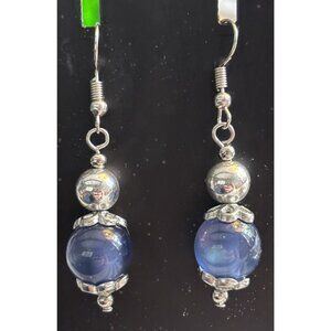 Sacred Feather Traders Silver Tone And Blue Glass Bead Pierced Earrings 1.5”